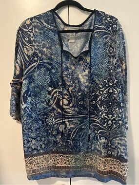 Catherines Navy, Light Blue and Tan Patterned V-Neck Tunic Cold Shoulder
